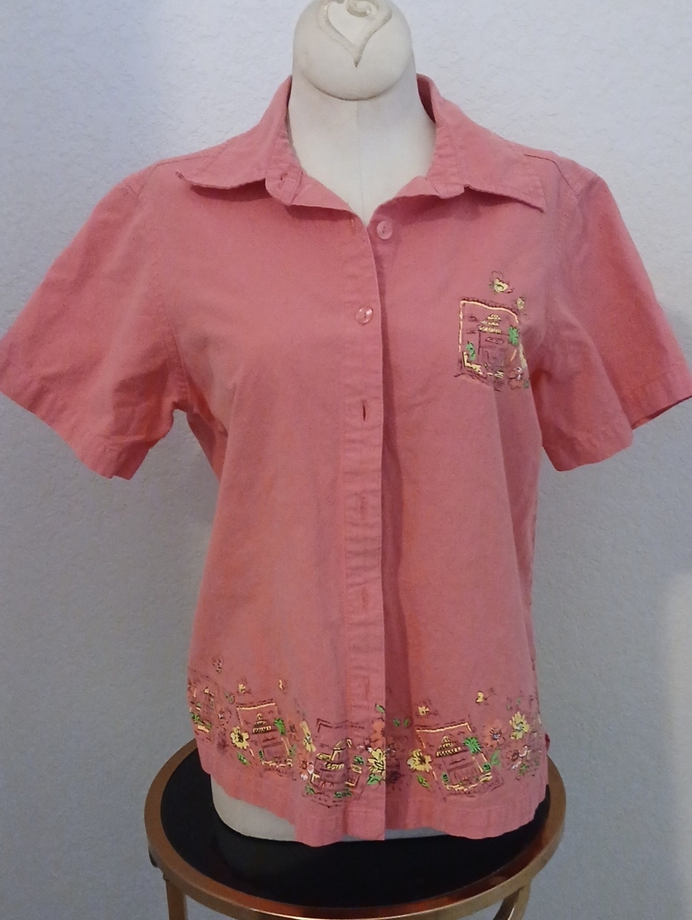 Erika Pink Short-Sleeve Button-Down Shirt with Metallic Floral Accents